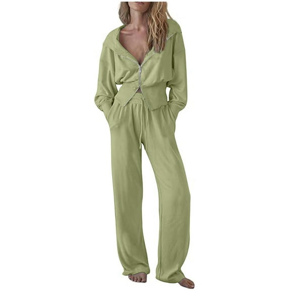 Scyoekwg Two Piece Outfits Women Sweatsuit Fall Outfits Long Sleeve Tops Wide Leg Pants Fashion Casual Matching Outfits Sweatsuits (Green,M)