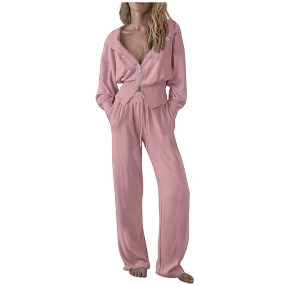 Scyoekwg Two Piece Outfits Women Sweatsuit Fall Outfits Long Sleeve Tops Wide Leg Pants Fashion Casual Matching Outfits Sweatsuits (Pink,L)