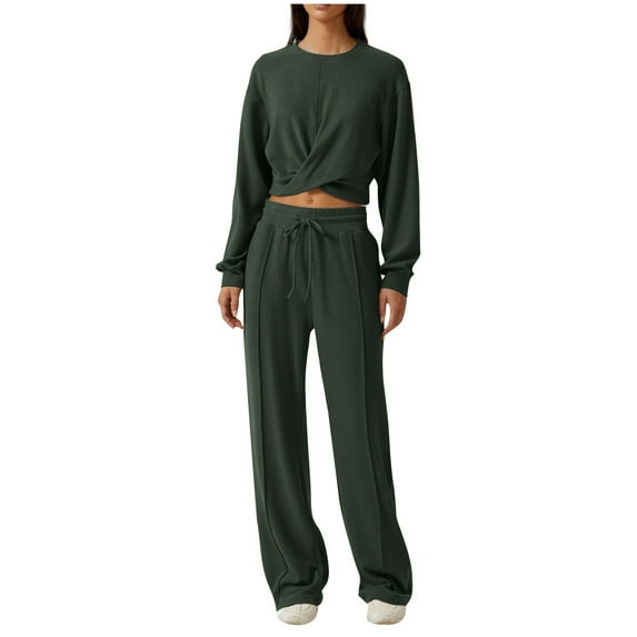 Scyoekwg Two Piece Outfits Women Sweatsuit Fall Outfits Short Sports Sets Long Sleeve Tops Wide Leg Pants Fashion Two Piece Set Casual Matching Outfits Tracksuit (Army Green,S)