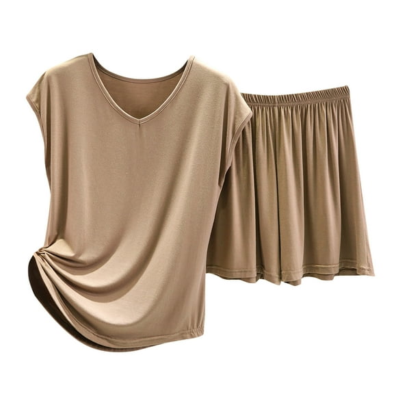 Scyoekwg Two Piece Outfits for Women Trendy Solid Color Loose Short Sleeve Round Neck Tops Shorts Casual Sweatsuits Sets Tracksuit Matching Set Women (Khaki,L)