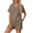 thumbnail image 1 of Scyoekwg Two Piece Outfits for Women Summer Short Sleeve V-Neck Tops Shorts Solid Color Trendy Tracksuit Casual Loose Pajama Sets (Brown,XL), 1 of 7