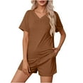 thumbnail image 1 of Scyoekwg Two Piece Outfits for Women Summer Short Sleeve V-Neck Tops Shorts Solid Color Trendy Tracksuit Casual Loose Pajama Sets (Khaki,XL), 1 of 8