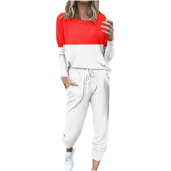Scyoekwg Two Piece Sets for Women Fall Outfits Sweatsuit Loose Color Block Crewneck Long Sleeve Pullover Drawstring Jogger Pants Sports Outfits Fashion Casual Tracksuit Set (Red,S)