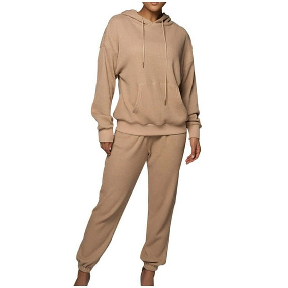 Scyoekwg Two Piece Sets for Women Fall Outfits Sweatsuit Solid Color Fashion Hooded Long Sleeve Sweatshirts Elastic Waist Jogger Pants Sports Outfits Casual Loose Tracksuit Set (Beige,S)