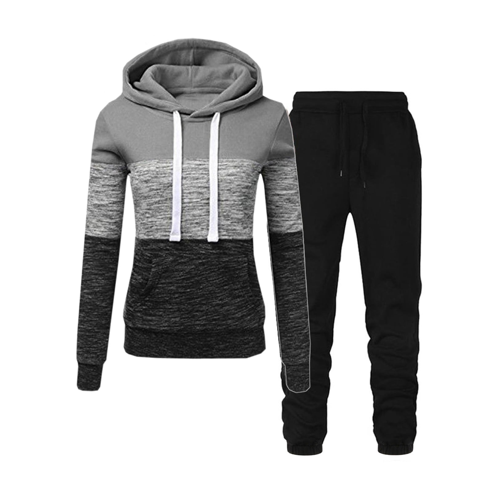 Casual Dark Gray Hooded Striped Sweatshirts And Pants Cotton Two Pieces Set Spring