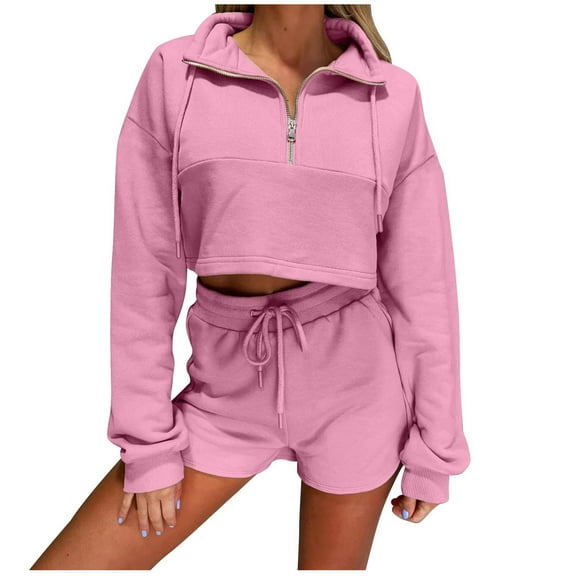 Scyoekwg Two Piece Sets for Women Fall Outfits Sweatsuit Lapel Long Sleeve Sweatshirts Shorts Sweatpants Set Solid Color Casual Fashion Loose Outfits (Pink,L)