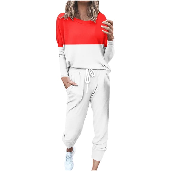Scyoekwg Two Piece Sets for Women Fall Sweatsuit Loose Color Block Crewneck Long Sleeve Pullover Drawstring Jogger Pants Sports Outfits Fashion Casual Tracksuit Set (Red,XXXL)