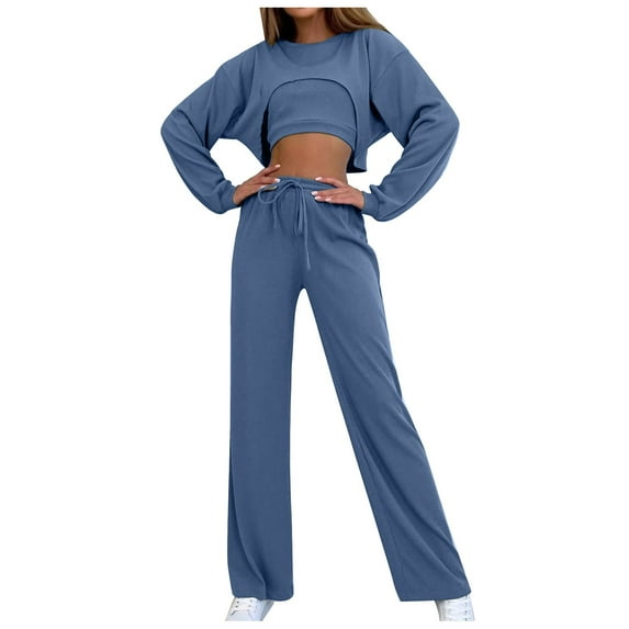 Scyoekwg Two Piece Sets for Women Solid Color Casual Fashion Loose Crewneck Long Sleeve Tops Wide Legs Pants Two-piece Set Fall Outfits Tracksuit Set (Blue,XL)