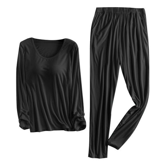 Scyoekwg Two Piece Sets for Women Solid Color Loose Fall Outfits With Chest Pad Trousers Home Wear Set Crewneck Long Sleeve Tops Two-piece Set Casual Fashion Matching Sets (Black,XXL)