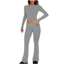 Scyoekwg Two Piece Workout Outfits For Women Slim Workout Outfits Long Sleeve Tops Long Pants Casual Two Piece Set Matching Outfits Fashion Sweatsuits (Gray,L)