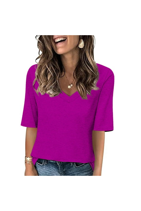 V Neck T Shirts for Women Short Sleeve Shirts Solid Color Casual Comfy Tshirt Summer Loose Blouses (Z01_Hot Pink,XXL)