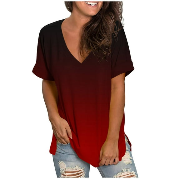 Scyoekwg V Neck Tops for Women Trendy Gradient Color Short Sleeve T Shirts Summer Loose Casual Shirts Blouses (#D=Wine,XXL)