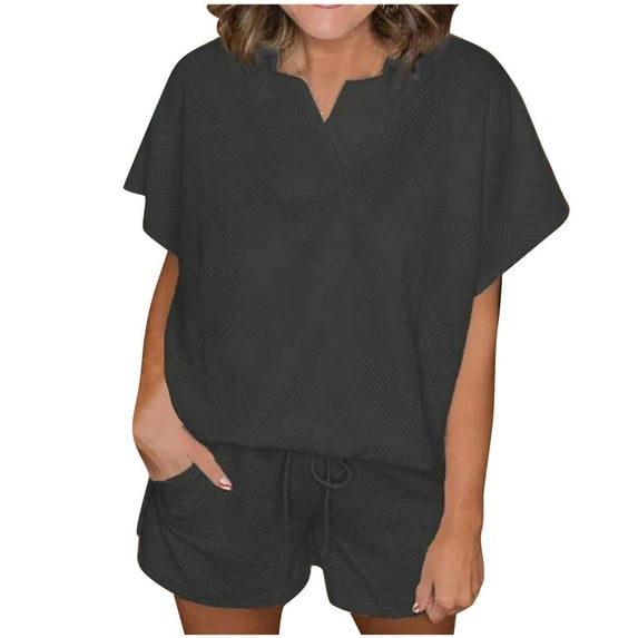Scyoekwg Vacation Outfits For Women Solid Color Loose Short Sleeve V-Neck Top Shorts Casual Sets (Black,M)