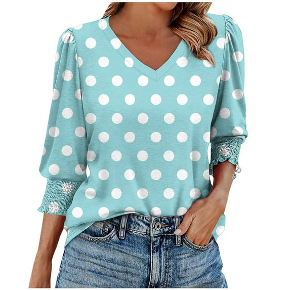 Scyoekwg Vintage Polka Dots Print Blouses for Women Puff Sleeve V Neck Tunic Shirts with Smocked Dressy Casual 3/4 Length Sleeve Womens Tops (Light Blue,L)