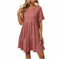 thumbnail image 1 of Scyoekwg Western Dress for Women Classic Solid Color Sundress Summer Crew Neck Loose Pleated Patchwork Dress Loose Short Sleeve Mini Dress Women's Casual Dresses (Pink,XL), 1 of 7