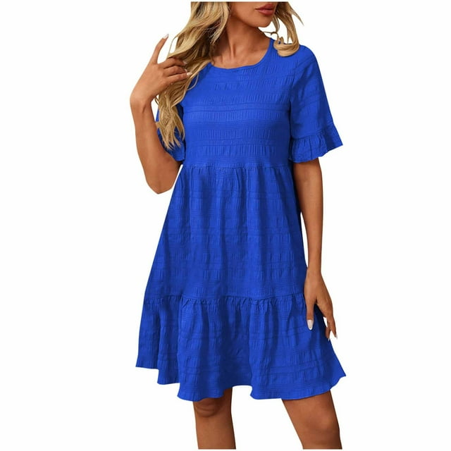 Scyoekwg Western Dress for Women Classic Solid Color Sundress Summer Crew Neck Loose Pleated Patchwork Dress Loose Short Sleeve Mini Dress Women's Casual Dresses (Blue,L)
