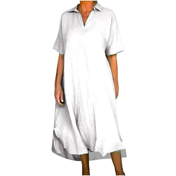 Scyoekwg Western Dress for Women Loose Solid Color Sundress Summer Cotton Linen V Neck Plus Size Dress Short Sleeve Mini Dress (White,XXXXL)