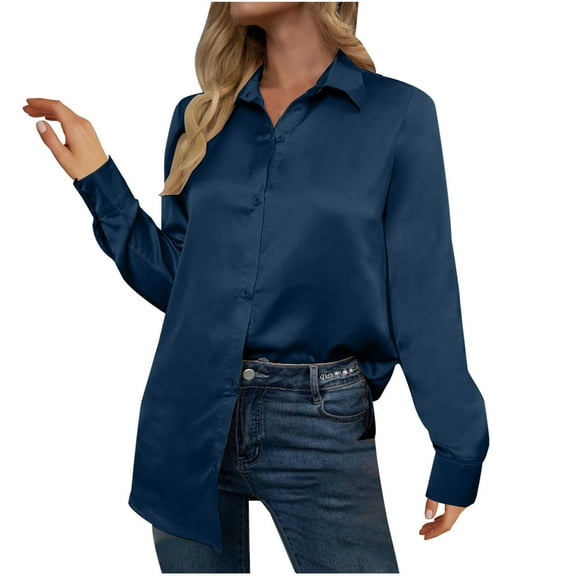 Scyoekwg Western Tops for Women Button Lapel Shirts Loose Solid Color Lightweight Tops for Women Trendy Tshirt Dressy Casual Blouse Long Sleeve Blouses (Blue,L)