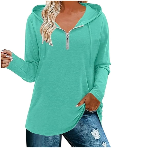 Scyoekwg Western Tops for Women Drawstring Zipper Hooded Tunic Shirts Loose Lightweight Tshirt Long Sleeve Solid Color Tops for Women Trendy Dressy Casual Blouses (Green,XL)