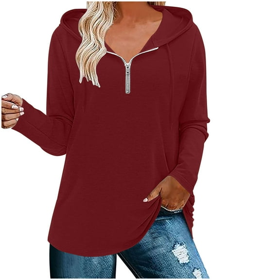 Scyoekwg Western Tops for Women Drawstring Zipper Hooded Tunic Shirts Loose Lightweight Tshirt Long Sleeve Solid Color Tops for Women Trendy Dressy Casual Blouses (Wine,M)