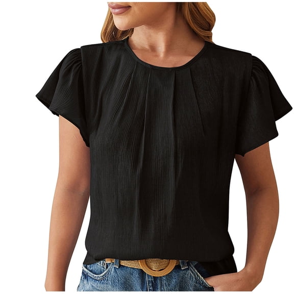 Scyoekwg Western Tops For Women Trendy Round Neck Pleated Tunic Shirts Comfy Loose Summer Lightweight Solid Color Casual Short Sleeve T Shirts Blouses (Black,XXL)