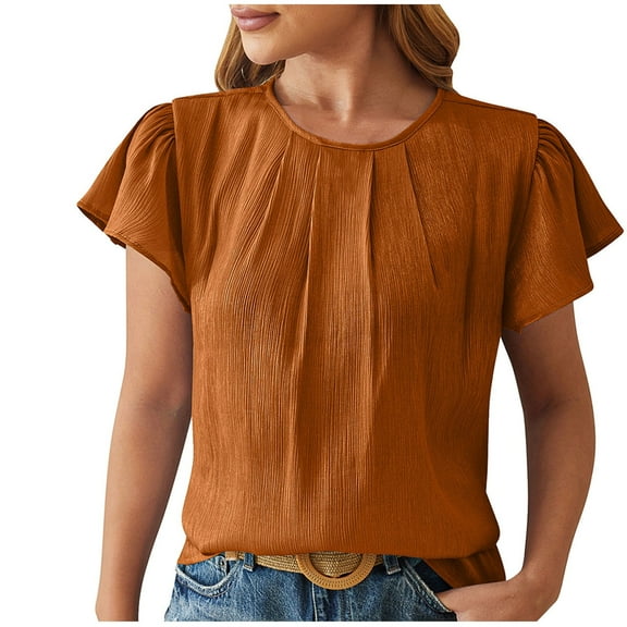 Scyoekwg Western Tops For Women Trendy Round Neck Pleated Tunic Shirts Comfy Loose Summer Lightweight Solid Color Casual Short Sleeve T Shirts Blouses (Brown,XL)
