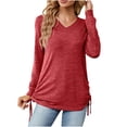 thumbnail image 1 of Scyoekwg Western Tops for Women V-Neck Side Tie Tunic Shirts Lightweight Loose Tshirt Tops for Women Trendy Long Sleeve Dressy Casual Blouse Solid Color Blouses (Red,XXL), 1 of 7