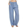 thumbnail image 1 of Scyoekwg Wide Legged Pants for Women Casual Solid Color Cotton Linen Drawstring Long Pants Elastic Waist Long Wide Leg Trousers Light Blue XXXXL (16), 1 of 6