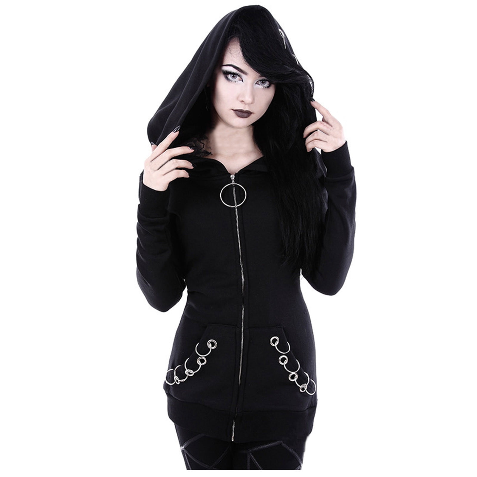 Gothic Casual Female Loose Punk Style Zipper Irregular Hoodie Hip Hop Warm  Sweatshirt Top Winter Women Clothes