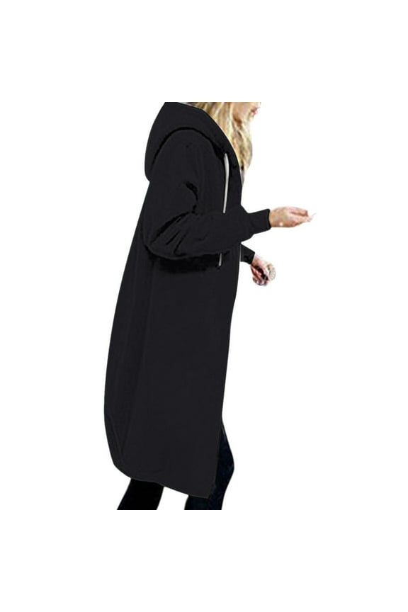 Winter Coat Womens Long Plus Fleece Jacket Outerwear Long Sleeve Zipper Hooded Drawstring Plus Size Coat with Pocket Warm Casual Comfy Coats Overcoat #C=Black XXXL