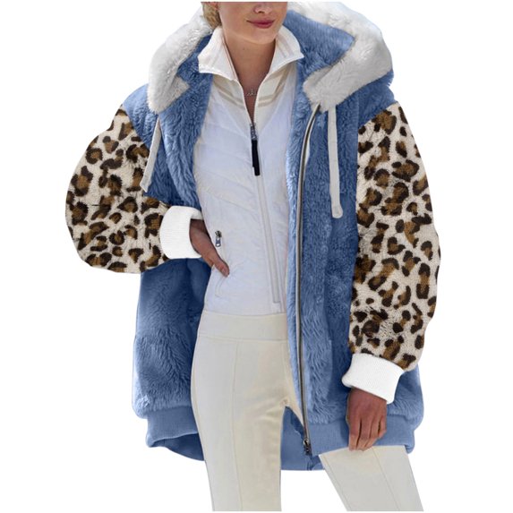 Scyoekwg Winter Coats for Women Casual Leopard Solid Color Patchwork Fleece Jacket Zip Up Fuzzy Hooded Drawstring Sweatshirt Long Sleeve Warm Outerwear Coats #A03-Dark Blue L