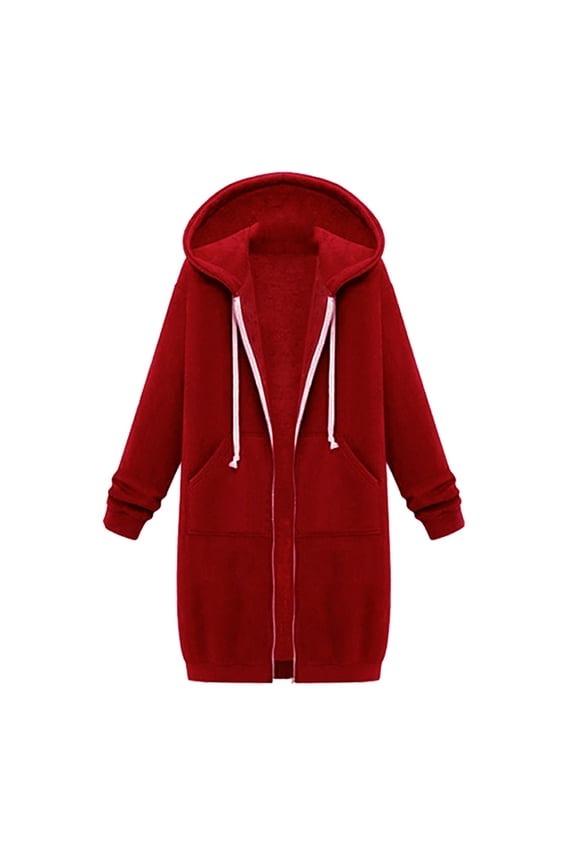 Winter Coats for Women Solid Color Mid Length Plus Size Loose Zip Fleece Sweatshirt Jacket Casual Loose Fall Winter Warm Coats Long Sleeve Tops Outerwear Red L(8)
