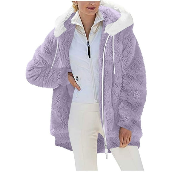 Scyoekwg Winter Coats for Women Thick Fleece Zip up Coats Hooded Warm Winter Jackets Casual Long Sleeve Winter Warm Coat with Pockets Y2k Clothes Outerwear (Purple_Z02,L)