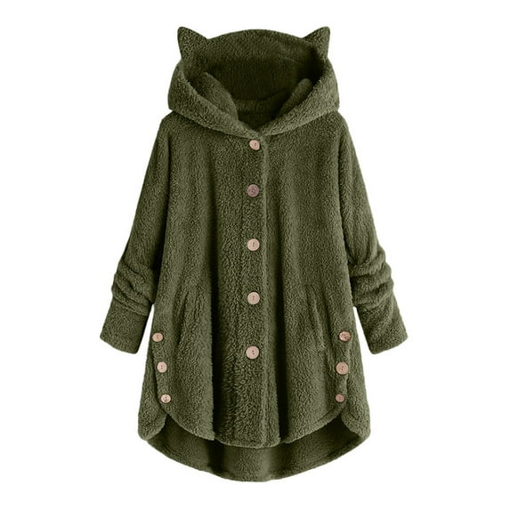 Scyoekwg Winter Coats for Womens Casual Long Sleeve Hooded Jacket Loose Comfy Keep Warm Button Down Cardigan Hoodies Cute Cat Ears Irregular Plush Solid Hooded Coat Tops #A02-Army Green M