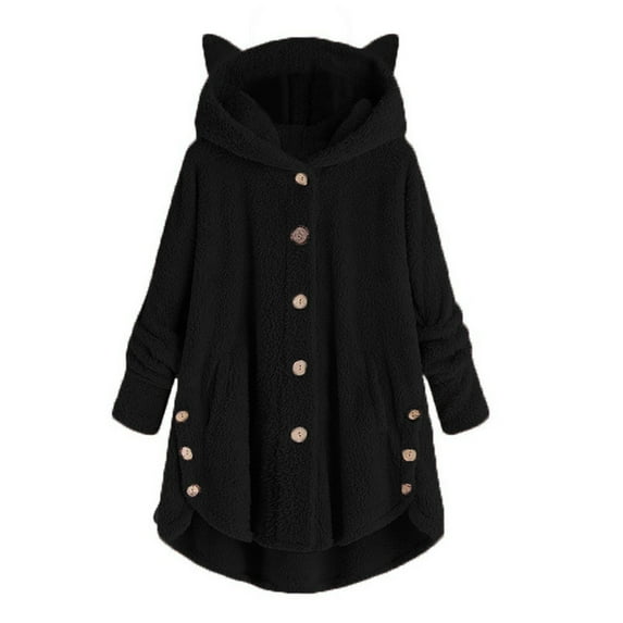 Scyoekwg Winter Coats for Womens Casual Long Sleeve Hooded Jacket Loose Comfy Keep Warm Button Down Cardigan Hoodies Cute Cat Ears Irregular Plush Solid Hooded Coat Tops #A02-Black S