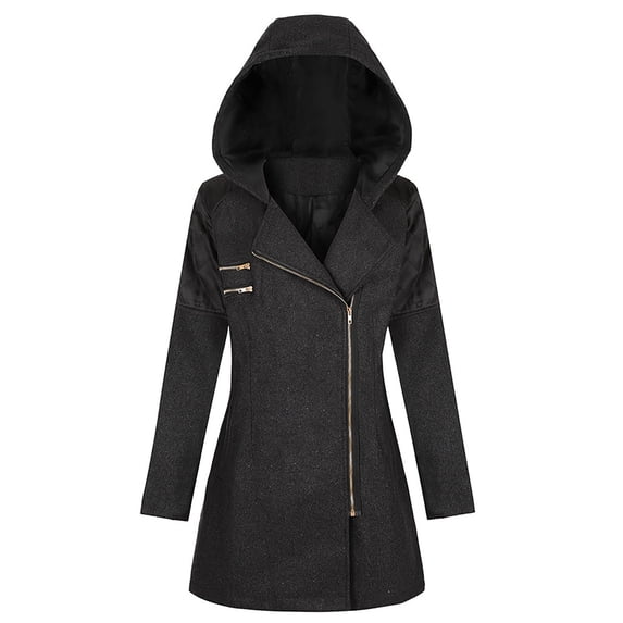 Scyoekwg Winter Coats for Women Casual Long Sleeve Outwear Winter Warm Solid Color Zip Hooded Wool Jacket Vintage Oversize with Pockets Black S