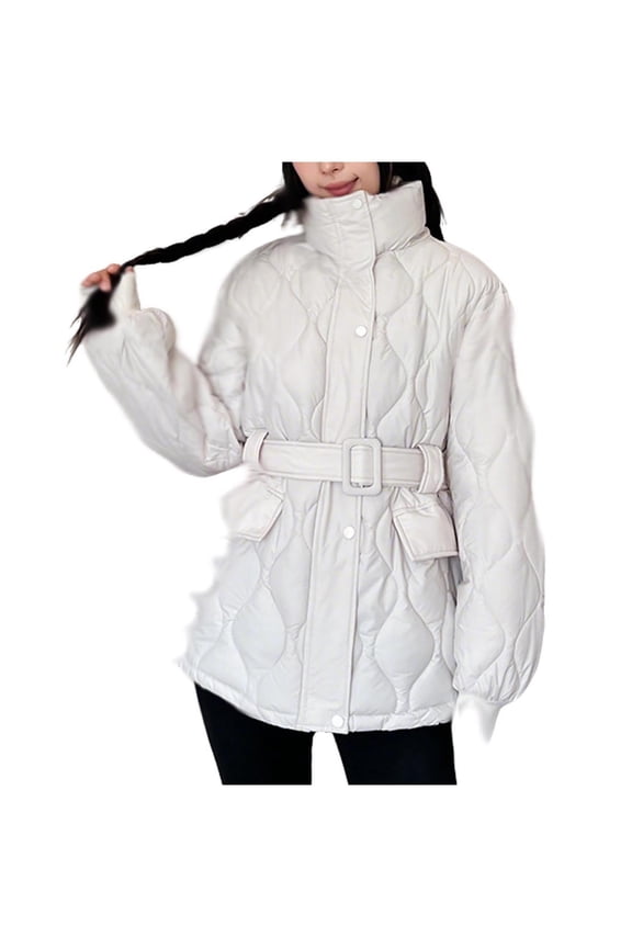 Winter Coats for Women Cotton Padded Down Jacket Long Sleeve Zip Up Thickened wARM Coat with Belt (White,XL)