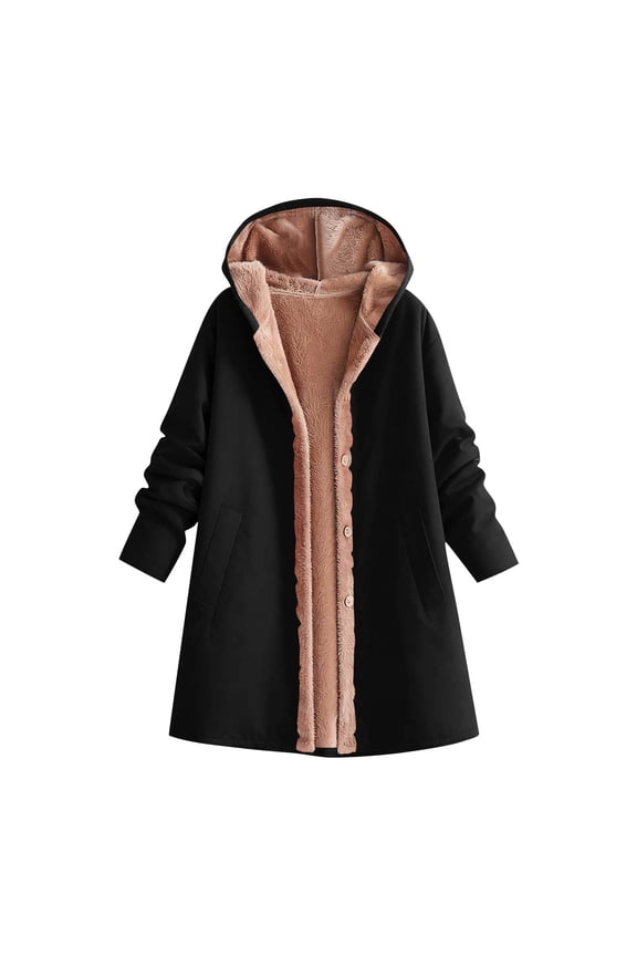 Winter Coats for Women Fashion Fleece Lined Jacket Long Sleeve Hooded Warm Coat Solid Color Comfy Fleece Jackets Outerwear (Black,XXL)