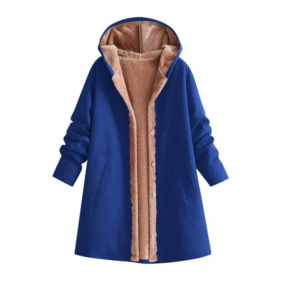 Scyoekwg Winter Coats for Women Fashion Fleece Lined Jacket Long Sleeve Hooded Warm Coat Solid Color Comfy Fleece Jackets Outerwear (Blue,L)