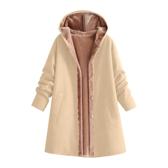 Scyoekwg Winter Coats for Women Fashion Fleece Lined Jacket Long Sleeve Hooded Warm Coat Solid Color Comfy Fleece Jackets Outerwear (Khaki,L)