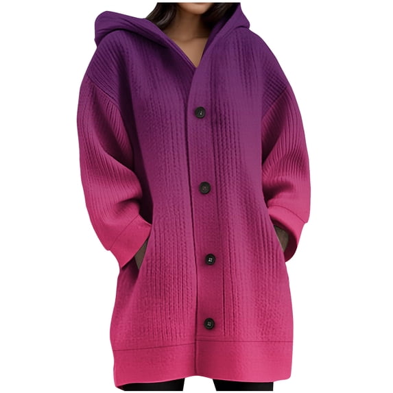 Scyoekwg Winter Coats for Women Long Sleeve Hooded Coats Casual Loose Gradient Fashion Button Jacket with Pocket (Watermelon Red,S)