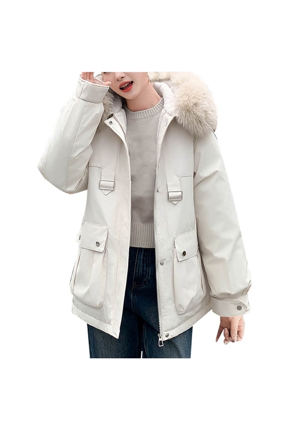 Winter Coats for Women Short Puffer Jacket Thicken Long Sleeve Drawstring Parka Coats Hooded Padded Jacket Outerwear (Beige,M)