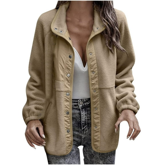 Scyoekwg Winter Coats for Women Warm Fleece Jackets Long Sleeve Button Lapel Cardigan Coats Casual Comfy Outwear with Pockets (Khaki,XL)