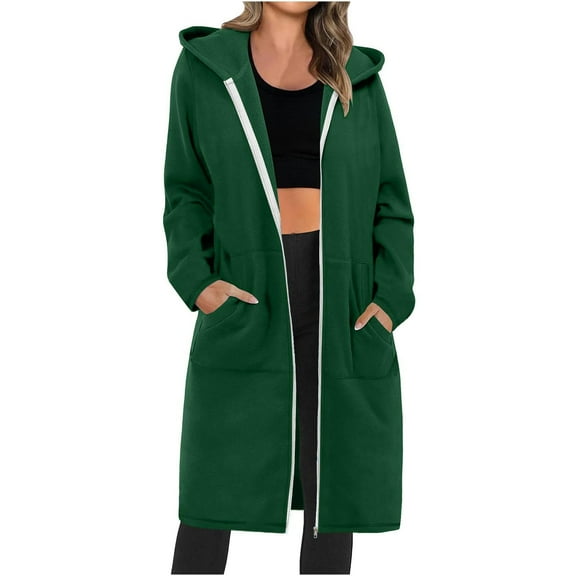 Scyoekwg Winter Coats for Women Zipper Hooded Long Jackets with Pocket Long Sleeve Casual Solid Color Fashion Loose Outwear (Green,L)