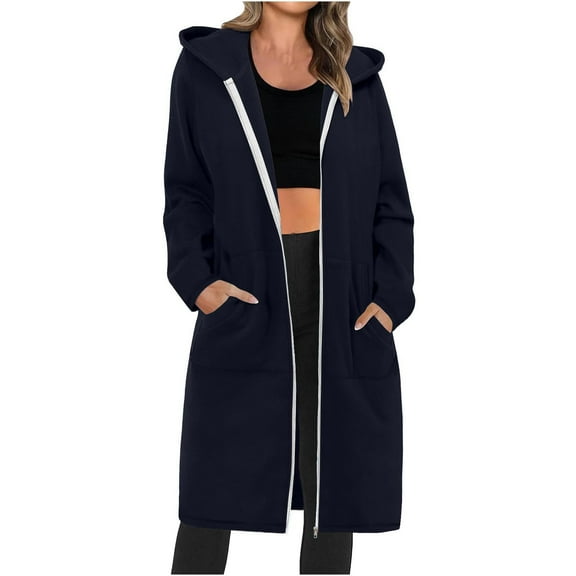 Scyoekwg Winter Coats for Women Zipper Hooded Long Jackets with Pocket Long Sleeve Casual Solid Color Fashion Loose Outwear (Navy,M)