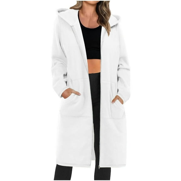 Scyoekwg Winter Coats for Women Zipper Hooded Long Jackets with Pocket Long Sleeve Casual Solid Color Fashion Loose Outwear (White,M)