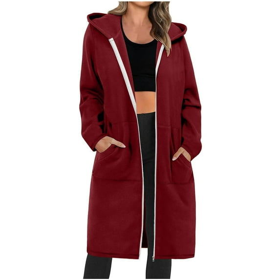 Scyoekwg Winter Coats for Women Zipper Hooded Long Jackets with Pocket Long Sleeve Casual Solid Color Fashion Loose Outwear (Wine,XL)