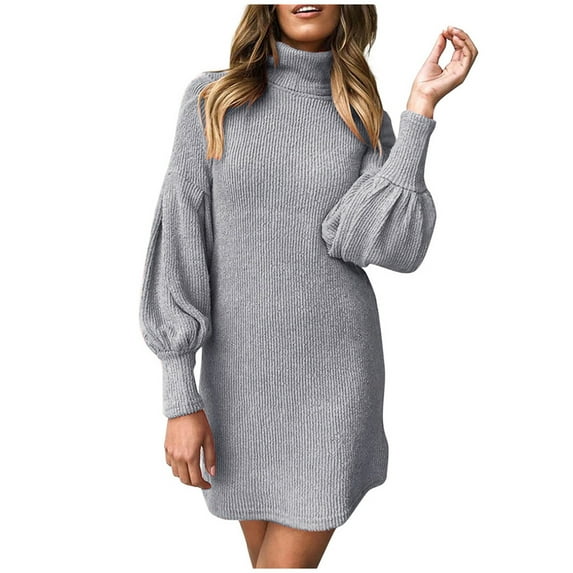 Scyoekwg Winter Dresses for Women Holiday Dress High-Neck Party Dress Loose Solid Color Cocktail Dresses Sweater Jumper Mini Dresses Long Sleeve Dress Gray XXL