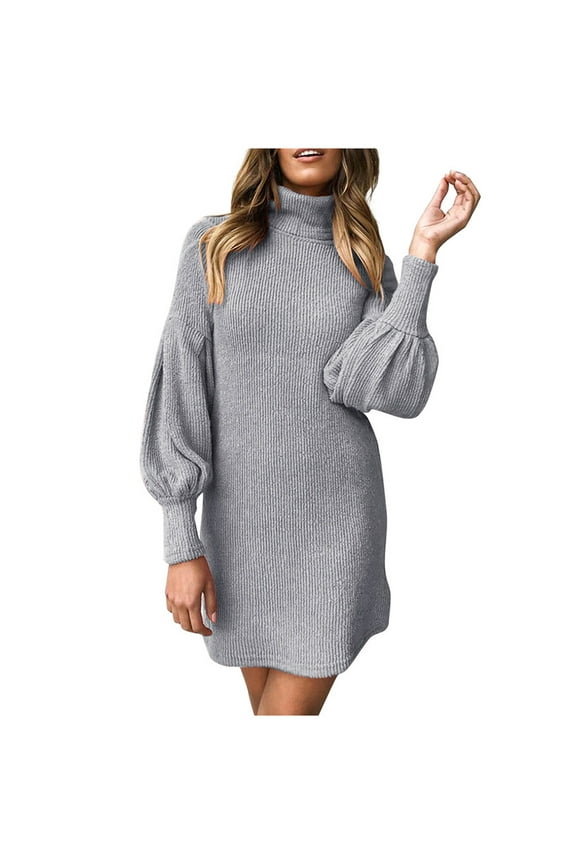 Winter Dresses for Women Holiday Dress High-Neck Party Dress Loose Solid Color Cocktail Dresses Sweater Jumper Mini Dresses Long Sleeve Dress Gray XXL