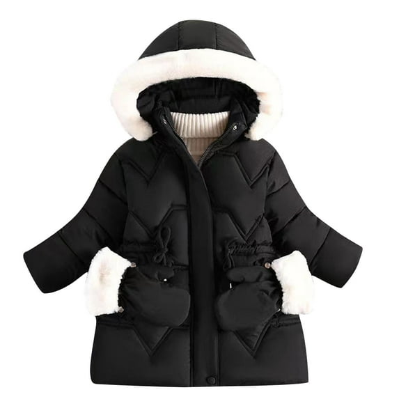 Scyoekwg Winter Girls Jacket Toddler Thick Coat Solid Color Cotton Clothes Detachable Hat Mid To Long Length Thick Warm Hooded Outwear (Black,4-5 Years)